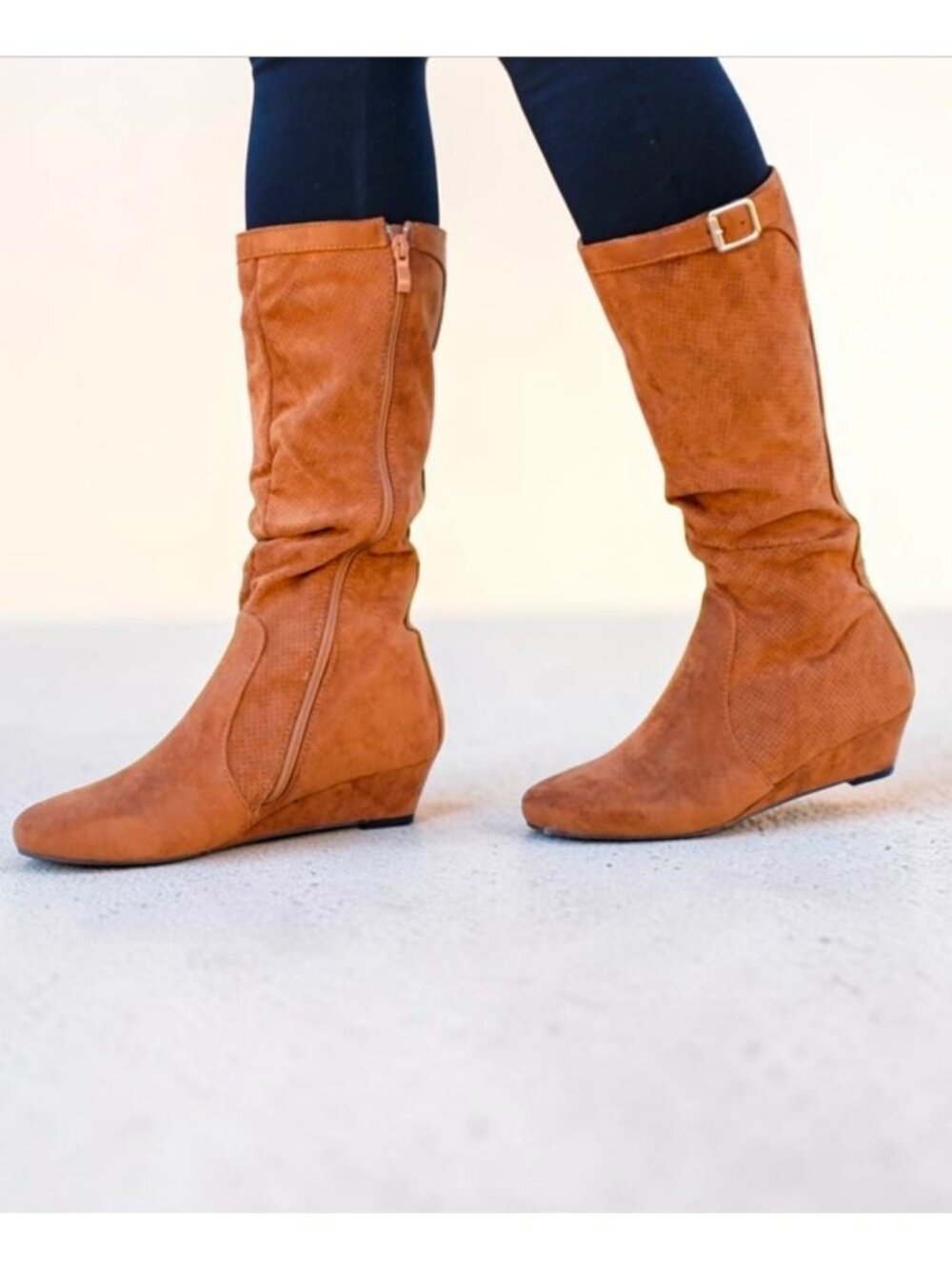 Tan Knee-High Faux Suede Wedge Boots With Side Zipper & Buckle Accent For Women - Picture 5 of 12
